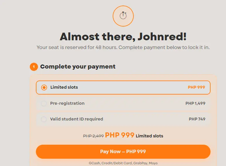 Front-end registration proof showing the workshop flow beyond a static landing page.