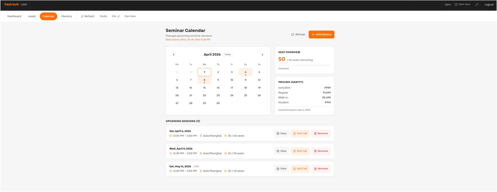 Calendar and pricing proof showing session operations managed through the content layer.