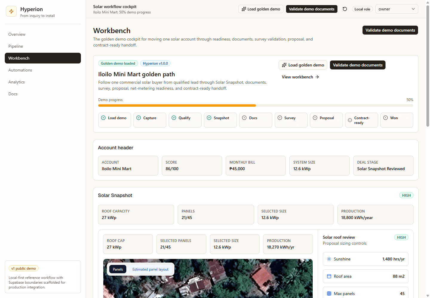 Workbench proof showing the golden demo account, solar snapshot, document readiness, survey validation, proposal path, and contract-ready handoff.