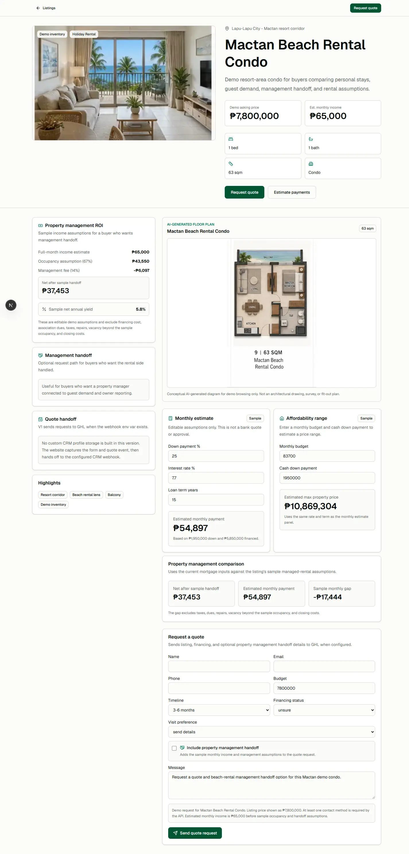 Listing detail proof showing the proposal blueprint surface for property inquiry capture and follow-up context.