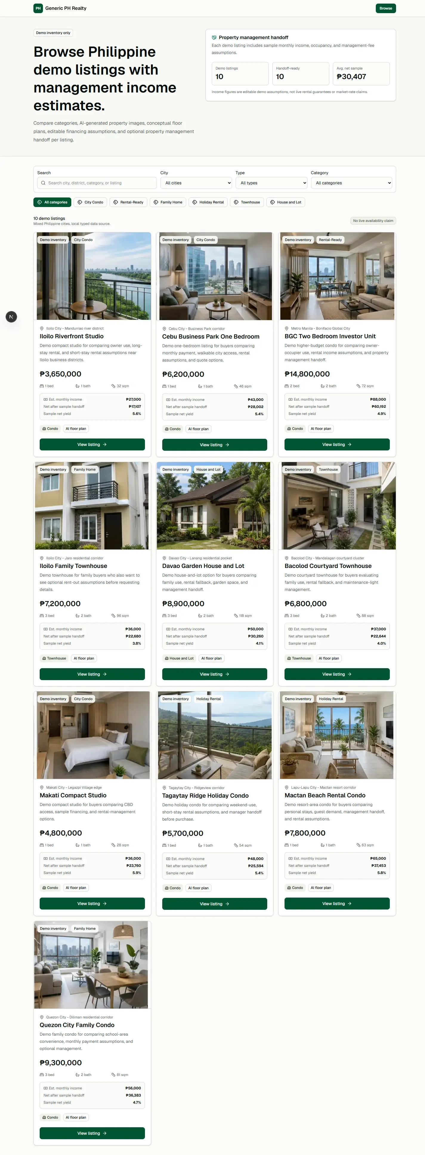 Demo architecture proof showing a property listings surface designed to connect rental demand, listing discovery, and buyer-intent capture.