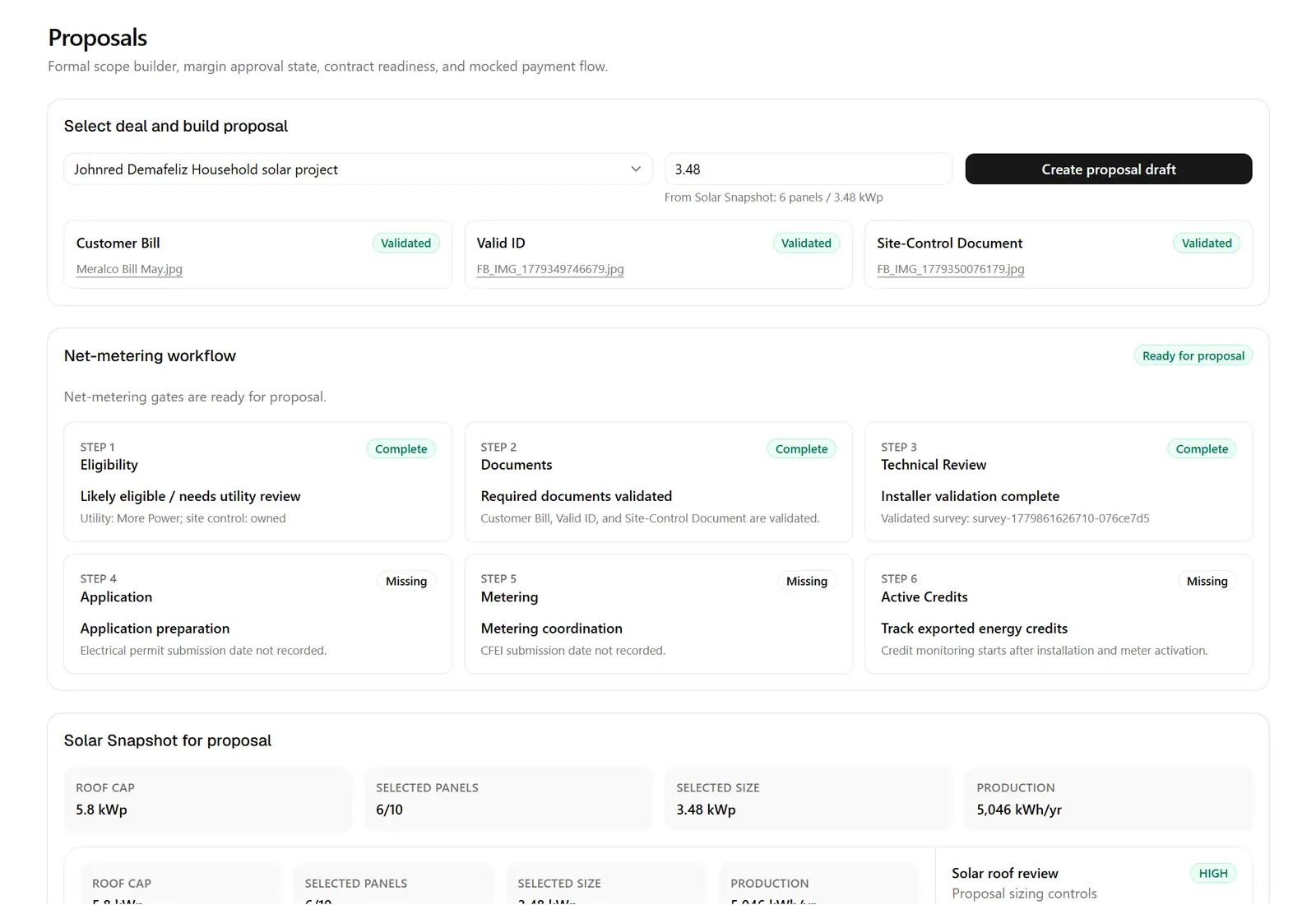 Estimate proof showing how assessment data moves toward proposal readiness.