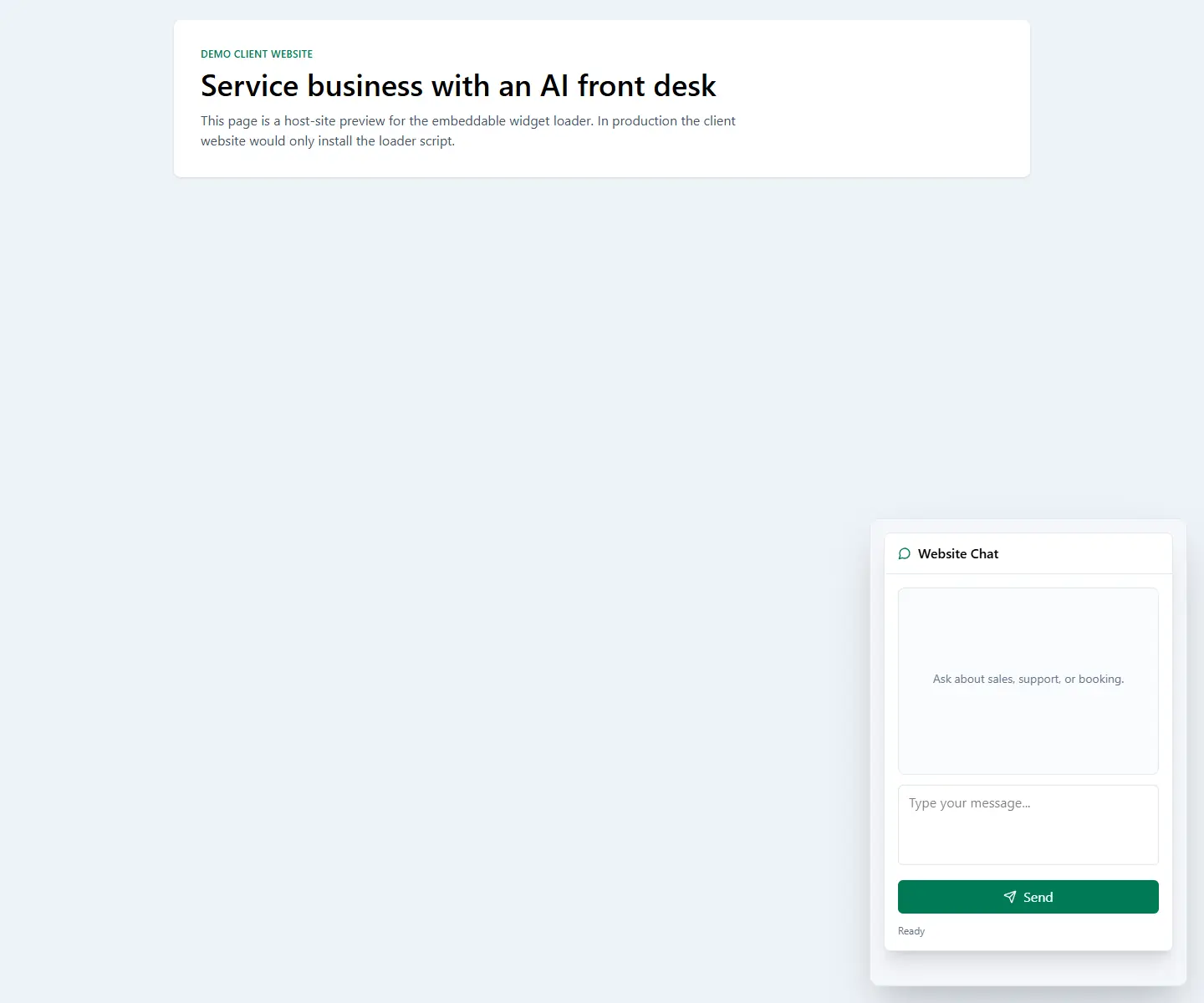 Demo host proof showing how the website widget can sit inside a client-facing page without claiming a live client deployment.