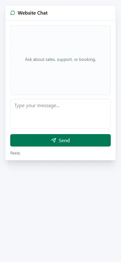 Widget route proof showing the embedded chat surface used for visitor message capture before handoff into the system pipeline.