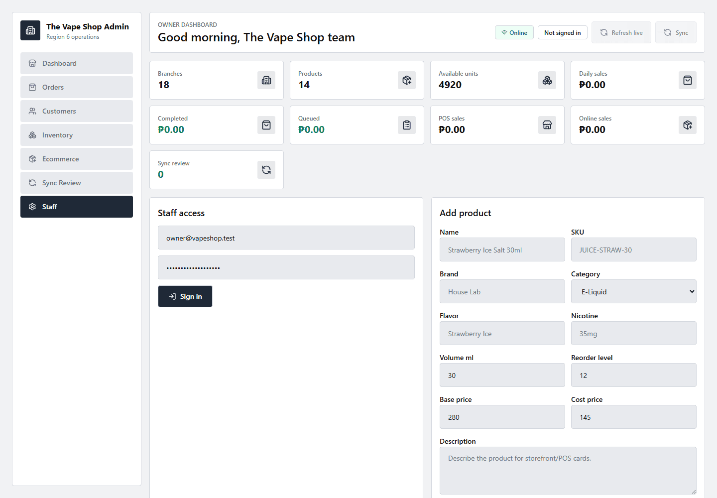Admin proof showing staff access, product metadata, and operator controls.