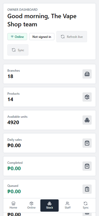 Mobile admin proof showing inventory visibility and management on a smaller screen.