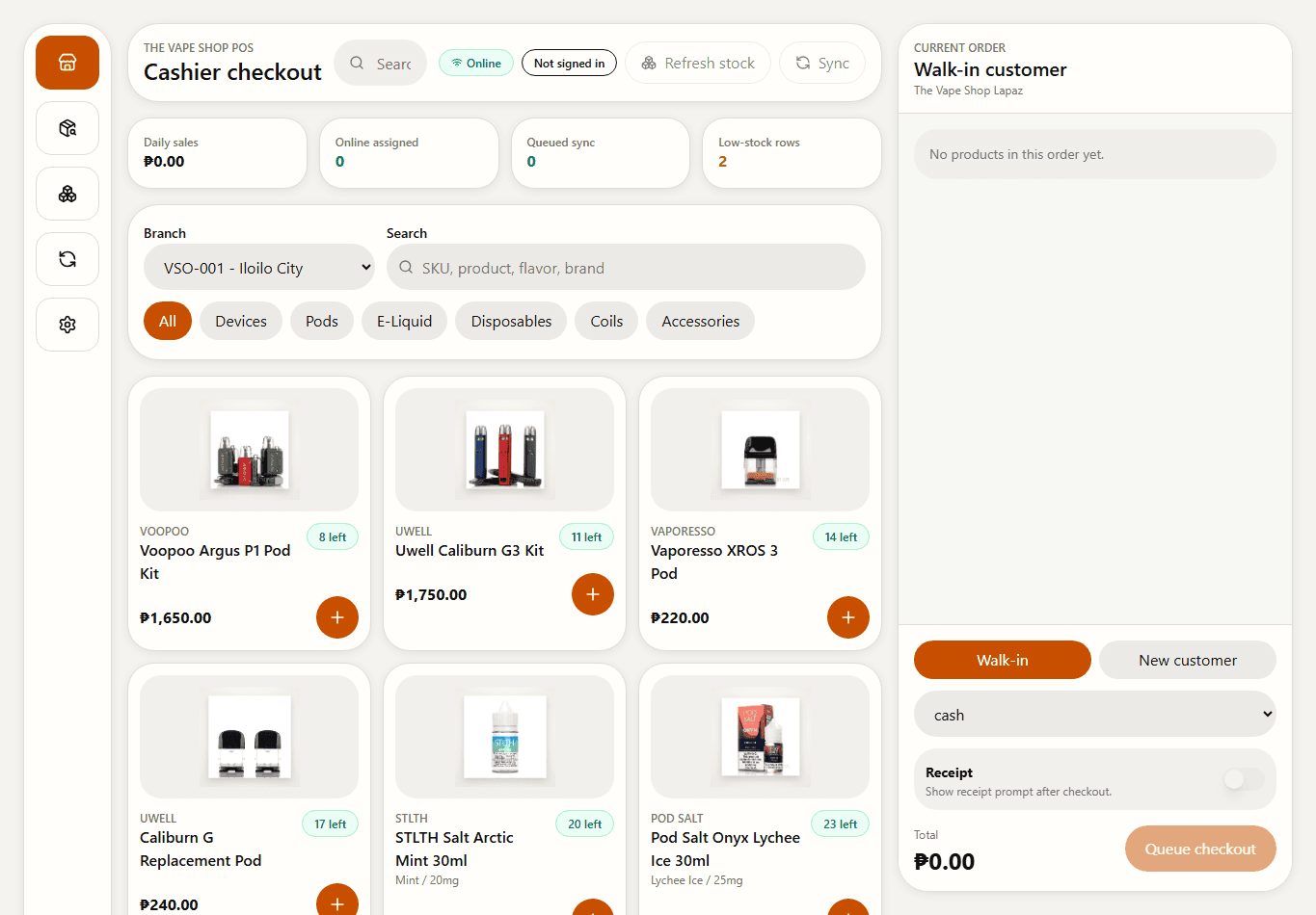 Branch cashier proof showing branch context, search, product grid, and live stock badges.