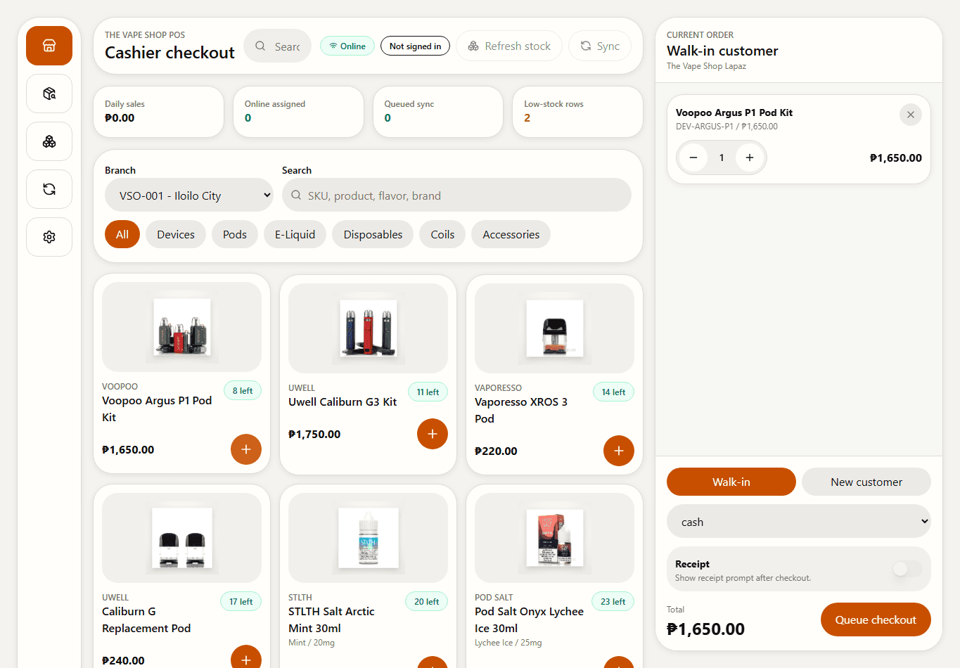 POS proof showing the current order state after adding products to the cart.