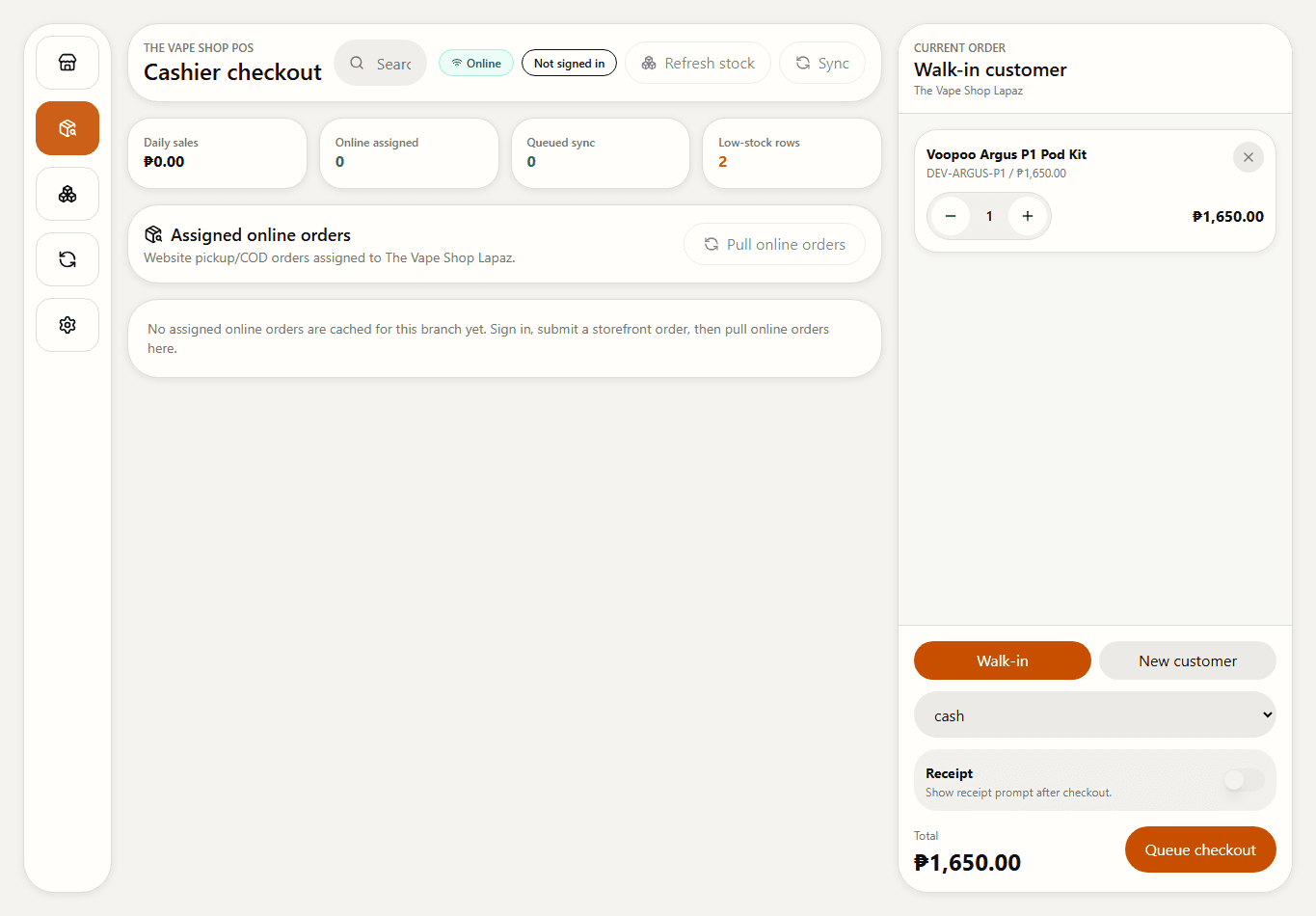 POS proof showing online orders assigned to a physical branch for staff handling.