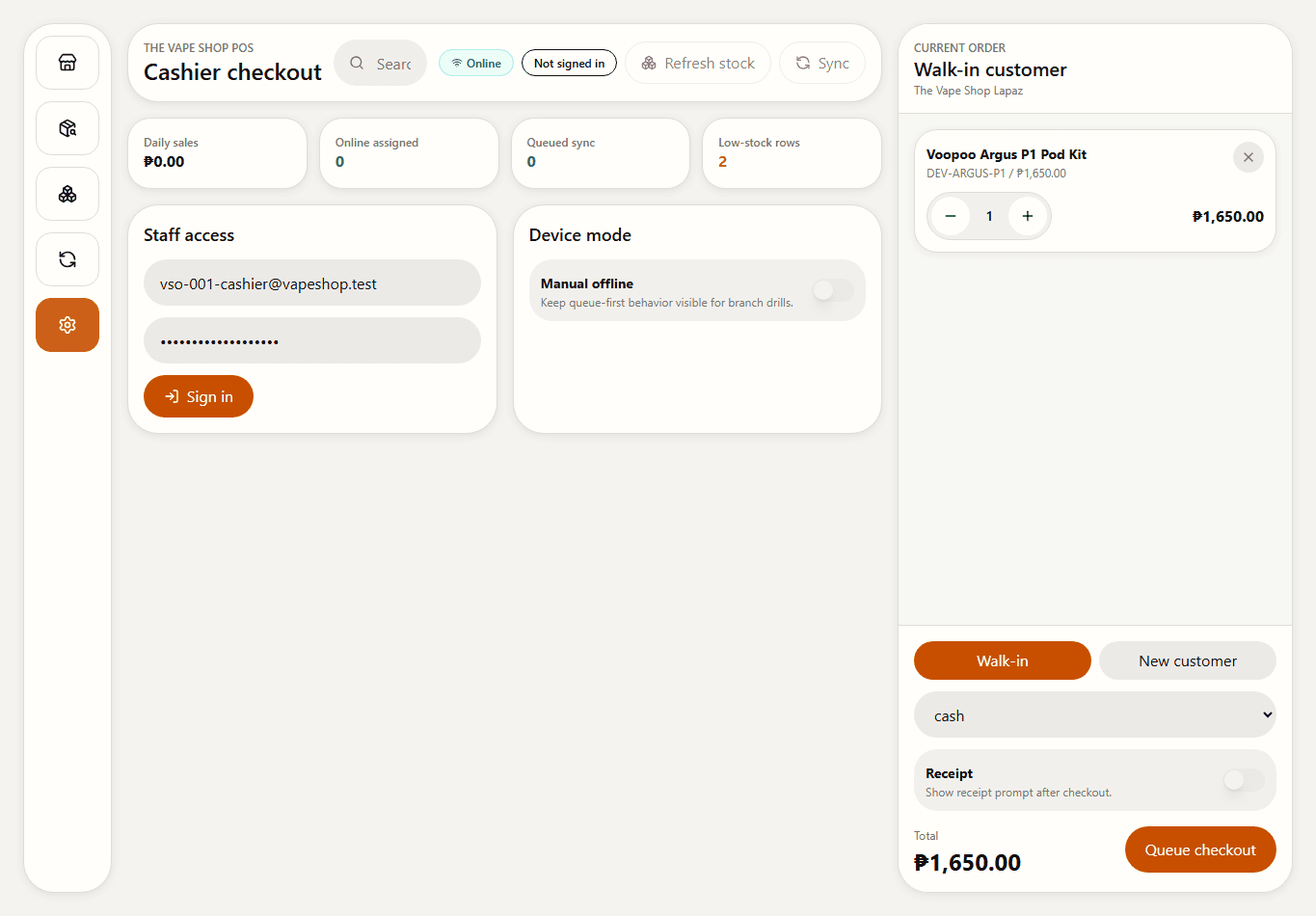 Settings proof showing staff sign-in and authenticated sync controls.