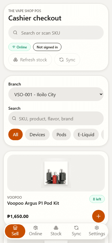 Mobile POS proof showing cashier workflow adapted for a smaller screen.