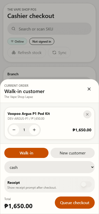 Mobile POS cart proof showing current order state and checkout controls.