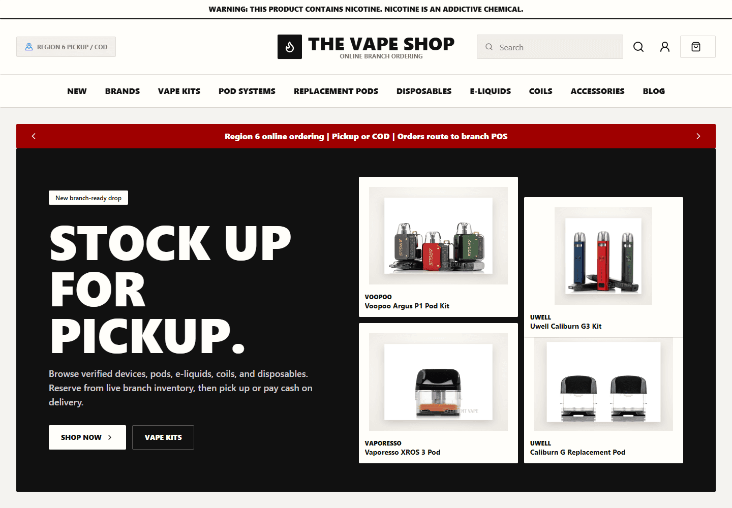 Shopify-style storefront home with warning strip, category navigation, hero, and product photography.
