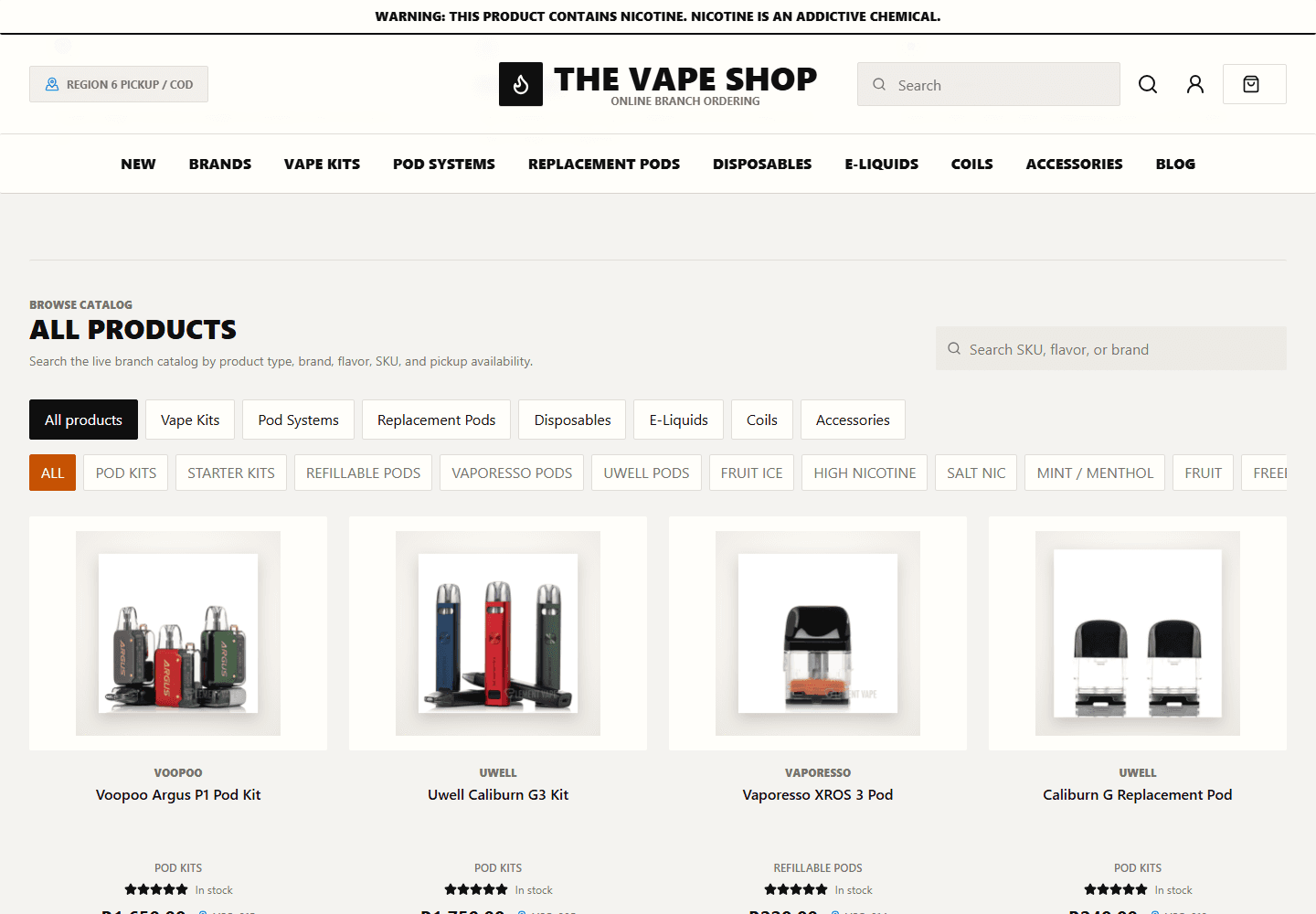 Desktop catalog proof showing search, collection filters, product cards, prices, and branch stock status.