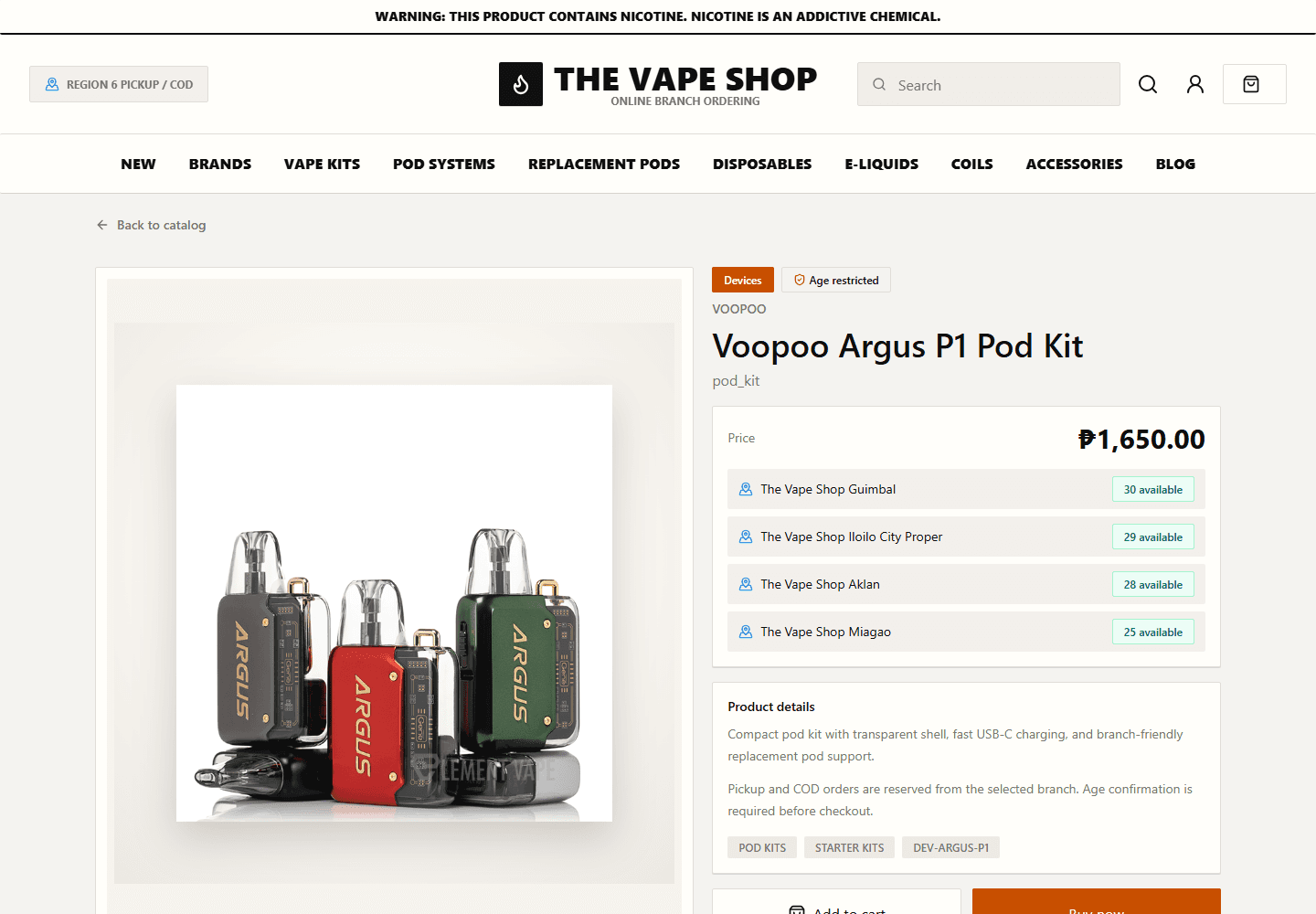 Product detail proof showing brand, SKU, description, branch stock, related products, Add to cart, and Buy now paths.