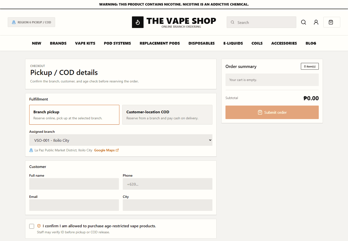 Checkout proof showing branch selection, age confirmation, and customer location flow for pickup or COD.