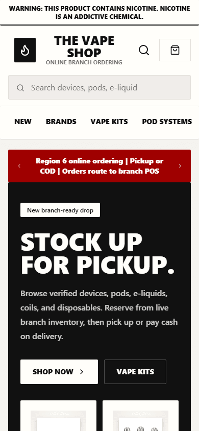 Mobile storefront proof showing the customer-facing shopping path on a phone viewport.