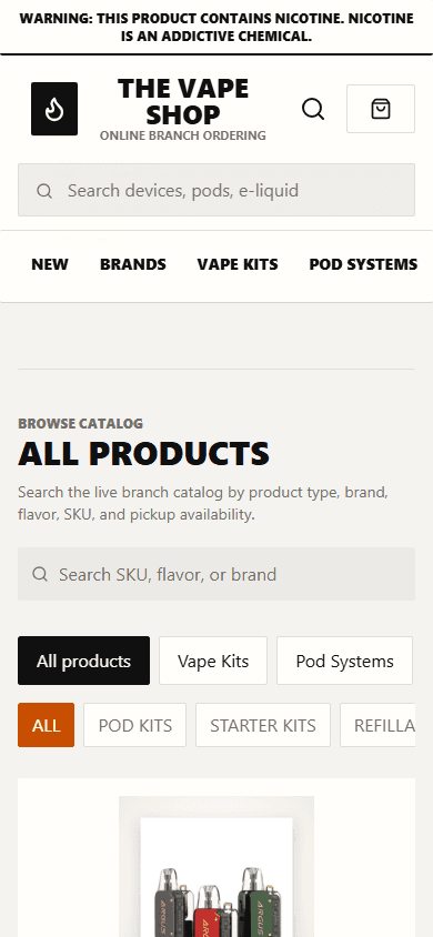 Mobile catalog proof showing search and category filtering for phone-first product discovery.